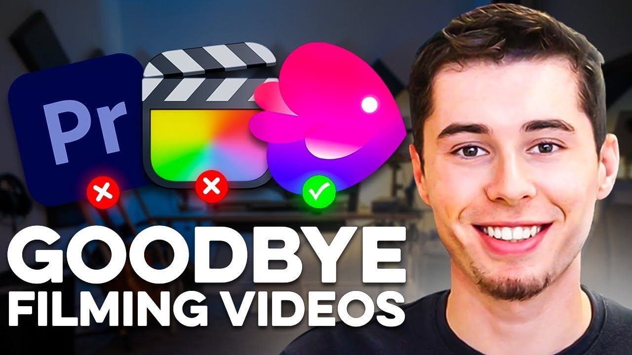 Man smiling with icons of video editing software above text 'Goodbye Filming Videos.'